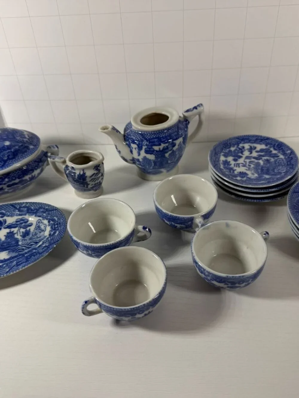 Vintage Blue Willow Miniature Child's Tea Set 17 Pc Blue White Porcelain Tea Set
